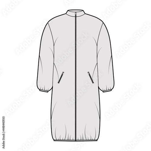 Hooded jacket puffer coat technical fashion illustration with long sleeves, stand collar, zip-up closure, pockets, knee length. Flat template front, grey color style. Women, men, unisex top CAD mockup