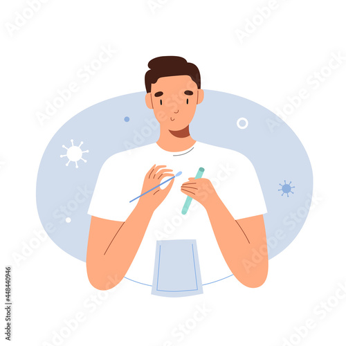 Young man testing himself for covid-19 with nasal swab at home using self-testing kit, collecting specimen, rapid PCR test for coronavirus infection, vector carton illustration