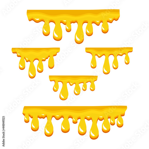 Sweet honey drips seamless pattern set. Golden yellow realistic syrup or juice dripping. Vector illustration isolated on white.