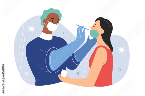 Walk-thru PCR-test for covid in korean testing booth facility, medical worker collecting specimen with nasal swab through shield screen wearing protective gloves, vector cartoon illustration