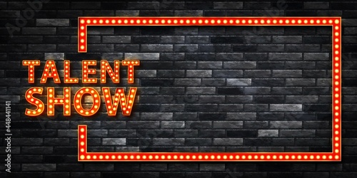 Vector realistic isolated red marquee text of Talent Show frame logo for decoration on the wall background.
