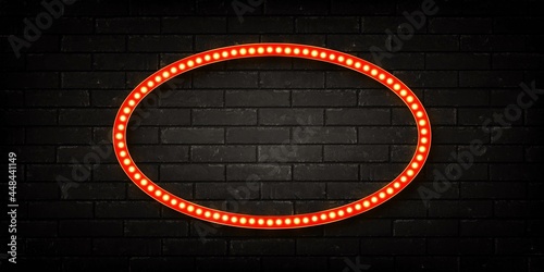 Vector realistic isolated red lightbox marquee oval frame with neon bulb lamps for template decoration on the wall background. Concept of cinema, theatre and premiere.