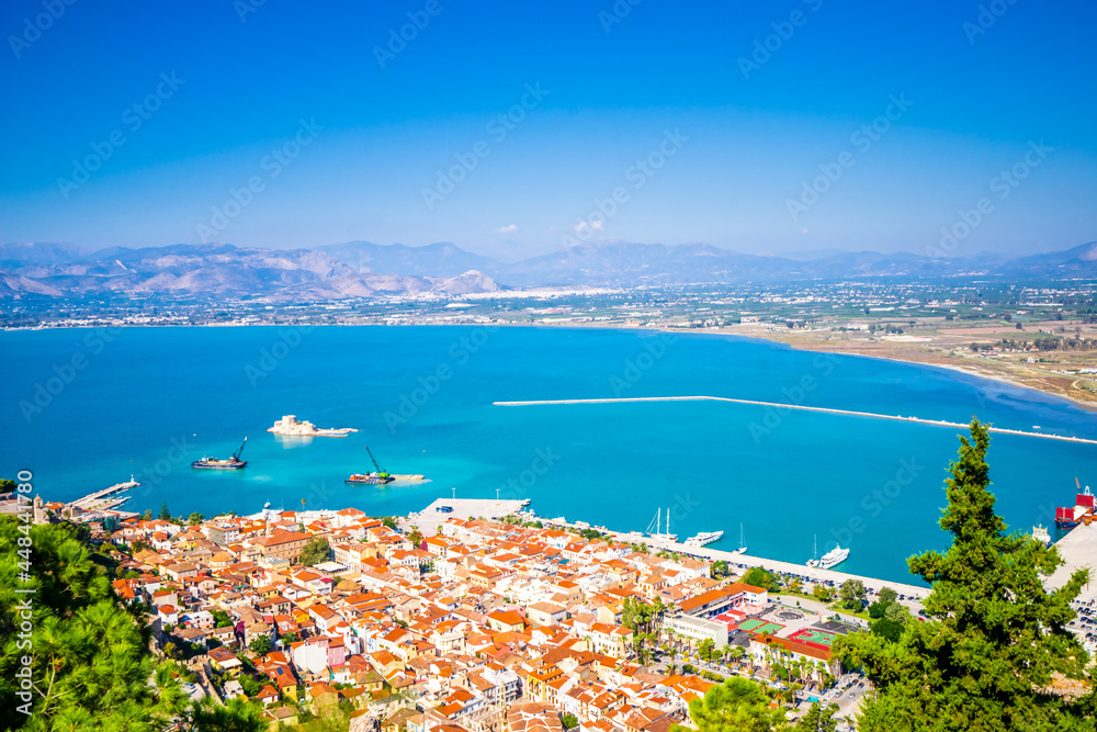 Nafplio aerial panoramic view from Palamidi fortress, Peloponnes Greece