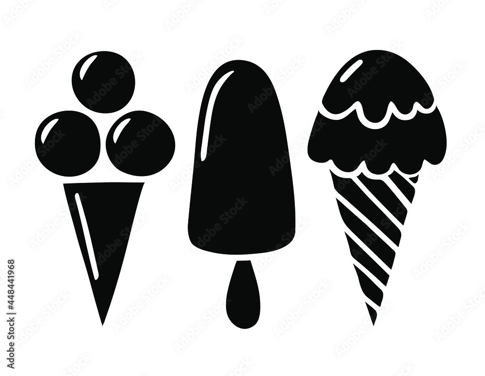 Sorts of Ice Cream silhouette set. Ice cream cone icon. Vector