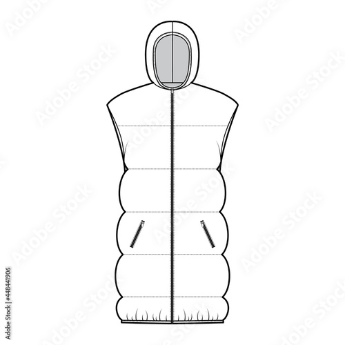 Down vest puffer Hooded waistcoat technical fashion illustration with sleeveless, pockets, hip length, wide quilting. Flat template front, white color style. Women, men, unisex top CAD mockup