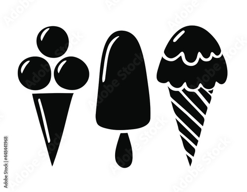 Sorts of Ice Cream silhouette set. Ice cream cone icon. Vector illustration isolated on white.