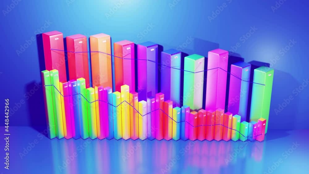 Abstract looped infographics background with multicolored 3d bars on blue bg. Downgrade graph from columns. Economic background with copy space in 4k. 3d bars as chart of statistic data. Abstract looped infographics background with multicolored 3d bars on blue bg. Downgrade graph from columns. Economic background with copy space in 4k. 3d bars as chart of statistic data.