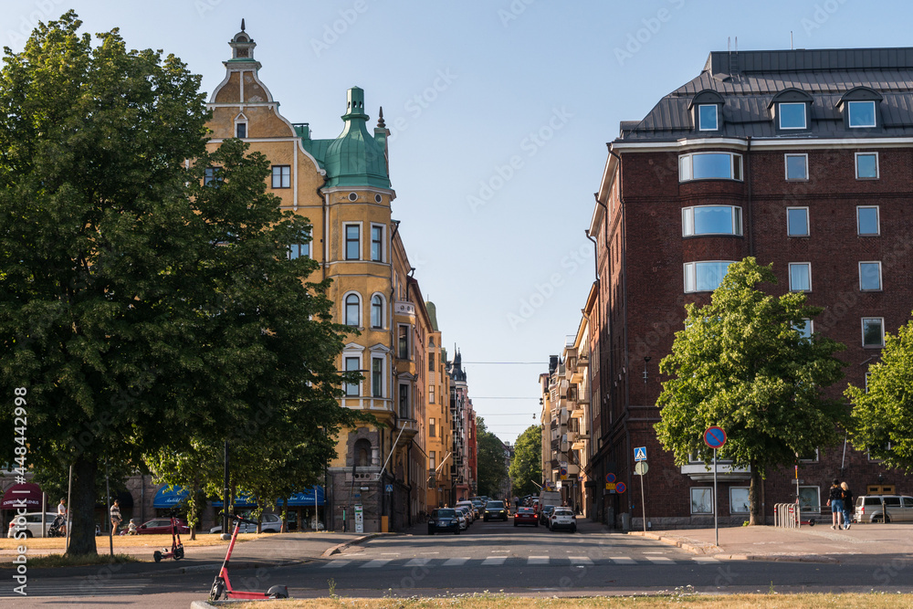 Helsinki, Finland - July 18th 2021: view of a street going towards the city center