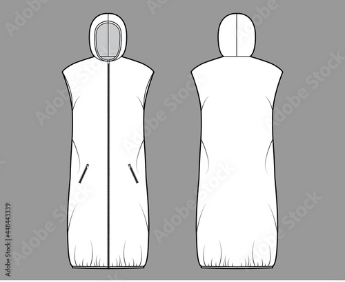 Down vest puffer waistcoat technical fashion illustration with sleeveless, hoody collar, zip-up closure, pockets, loose fit, knee length. Flat template front, back, white color. Women, men, CAD mockup