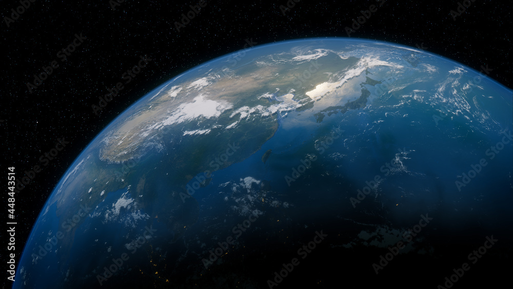 Earth in Space. Photorealistic 3D Render of the Planet, with views of Taiwan and Asia. Environment Concept.