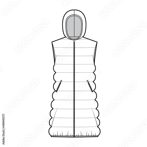 Down vest puffer waistcoat technical fashion illustration with hoody collar, zip-up closure, loose body, classic quilting. Flat template front, white color style. Women, men, unisex top CAD mockup
