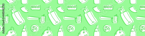 Cosmetics seamless pattern. Self care and body care linear icons. Vector cosmetic ornament. Fabric background. Outline illustration of sponge, cream, makeup, scrub, soap, bottle. Green wallpaper.