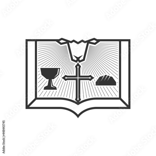 Christian illustration. Church logo. Lamb of God who shed blood for the sins of people. Symbols of the sacrament and scripture.