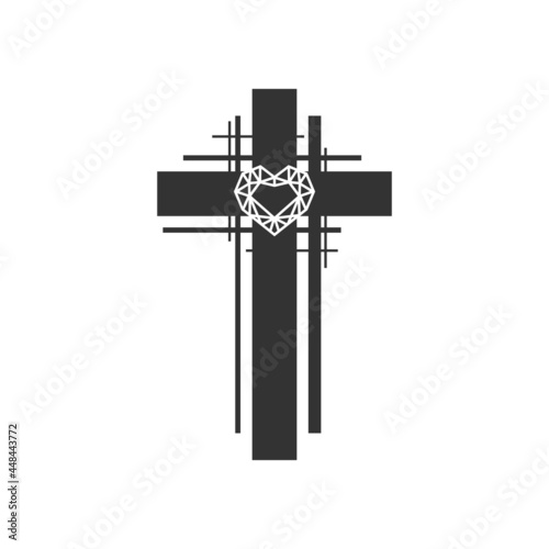 Christian illustration. Church logo. The cross of Christ and the diamond heart.