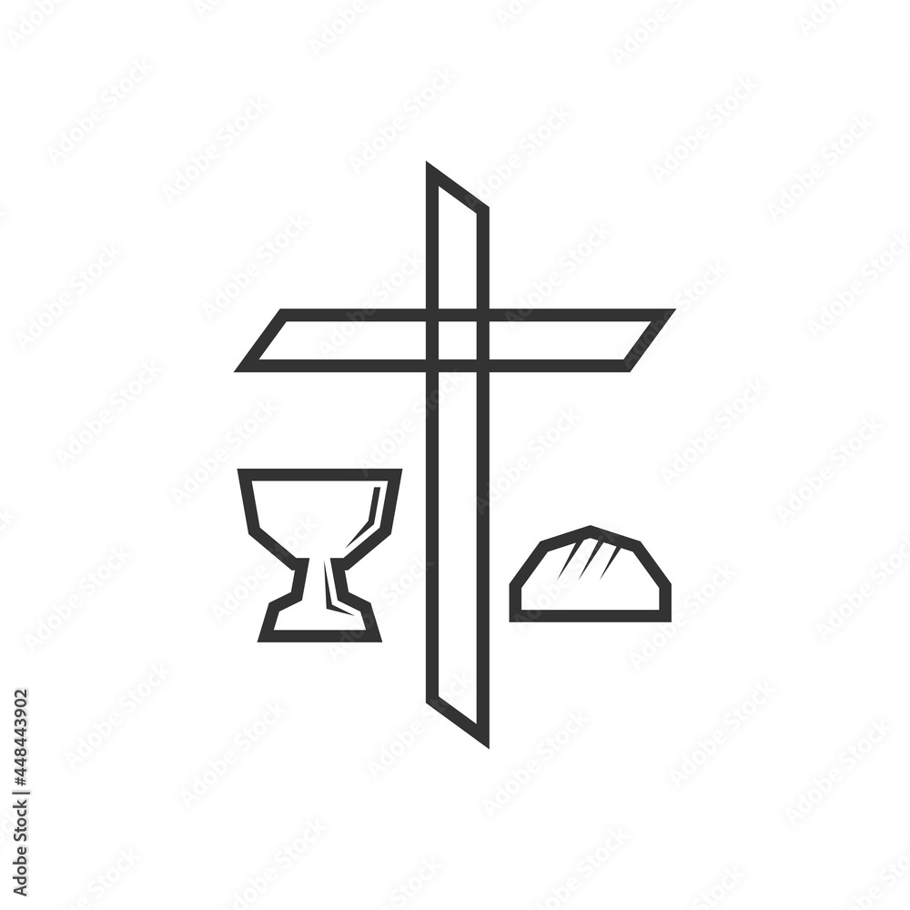 Christian illustration. Church logo. Cross of Jesus Christ, chalice of communion and bread. Christian illustration. Church logo. Cross of Jesus Christ, chalice of communion and bread.