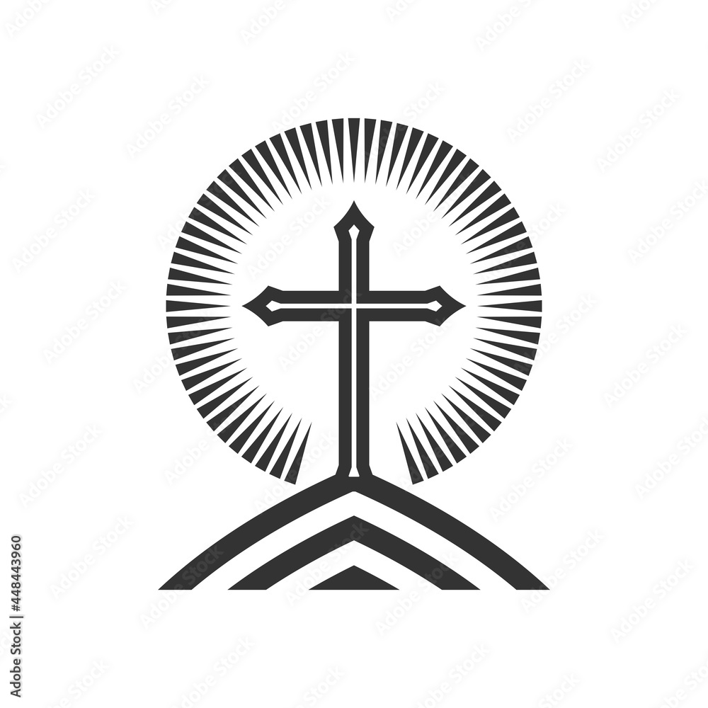 Christian illustration. Church logo. Cross of Jesus Christ on the mountain.