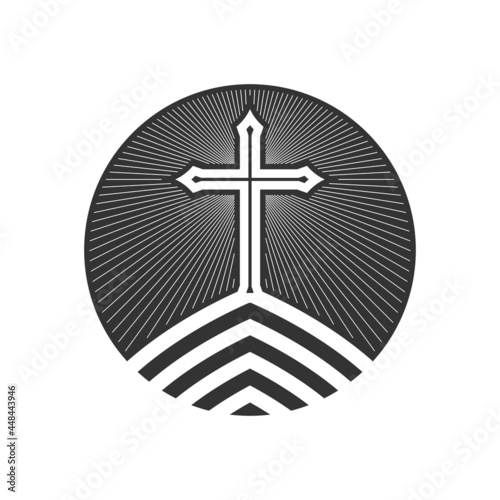 Christian illustration. Church logo. Cross of Jesus Christ on the mountain.