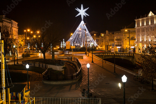 Christmas lights at night in the city of Aveiro, Portugal, December 2017