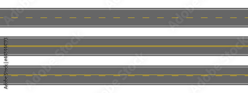 Straight roads aerial top view. Empty horizontal highways with different white and yellow markings. Seamless roadway templates. Elements of city map. Vector flat illustration.