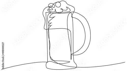 Glass with beer in one line on a white background. Stock illustration with a light alcoholic drink.