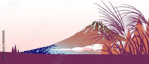 ススキと浮世絵の富士山の秋の背景イラスト