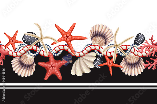 Border with starfishes, shells and rope. Vector trende print.