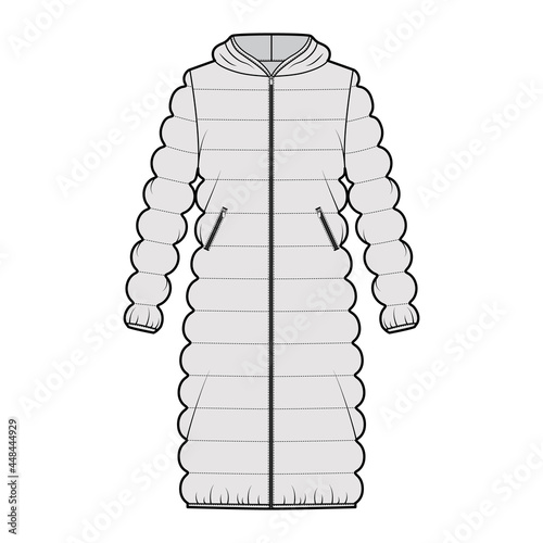 Hooded quilted shell down coat jacket puffer technical fashion illustration with long sleeve, knee length, oversized. Flat template front, grey color style. Women, men, unisex top CAD mockup