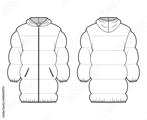Down puffer jacket coat technical fashion illustration with hoody collar, pockets, oversized, thigh length, wide quilting. Flat template front, back, white color style. Women, men, unisex CAD mockup