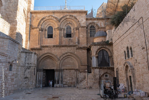 View of the entrance to the Church of the Holy Sepulchre, Jerusalem Old City. The church under reconstruction.
