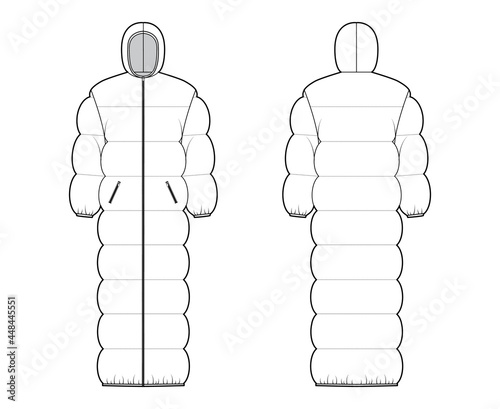 Hooded puffer quilted shell down coat jacket technical fashion illustration with long sleeves, zip-up closure, oversized. Flat template front, back, white color style. Women men, unisex top CAD mockup
