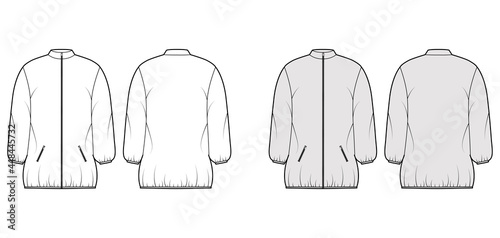 Down puffer coat jacket technical fashion illustration with long sleeves, zip-up closure, pockets, boxy fit, thigh length. Flat template front, back, white, grey color style. Women, men top CAD mockup