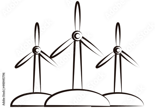 Icono negro de molinos eólicos en fondo blanco.