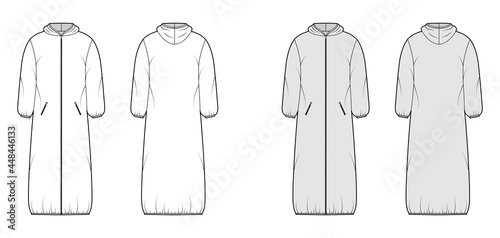 Hooded padded shell coat jacket puffer technical fashion illustration with maxi length, zip-up closure, boxy fit. Flat template front, back, white, grey color style. Women, men, unisex top CAD mockup