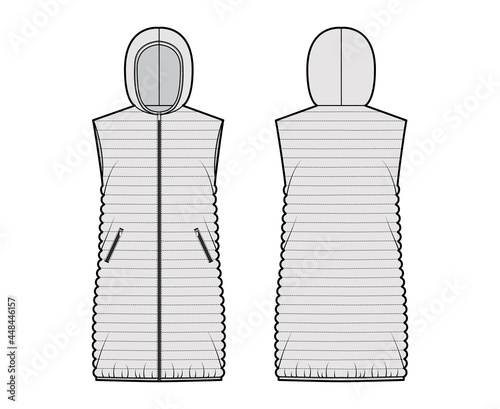 Down vest puffer waistcoat technical fashion illustration with sleeveless, pockets, loose fit, thigh length, narrow quilting. Flat template front, back, grey color style. Women, men, unisex CAD mockup