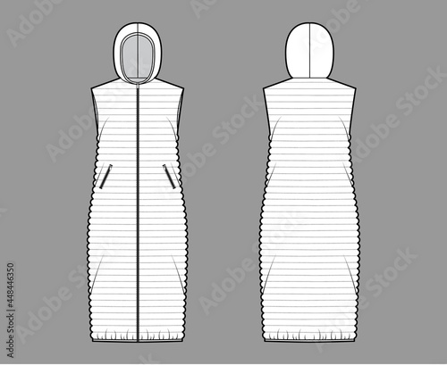 Down vest puffer waistcoat technical fashion illustration with hoody collar, zip-up closure, pockets, loose body, narrow quilting. Flat template front, back, white color. Women, men, unisex top mockup