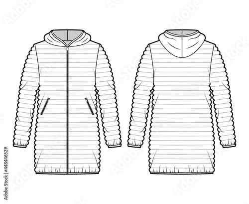 Down puffer coat jacket technical fashion illustration with long sleeves, hoody collar, pockets, oversized, narrow quilting. Flat template front, back, white color style. Women, men, unisex CAD mockup