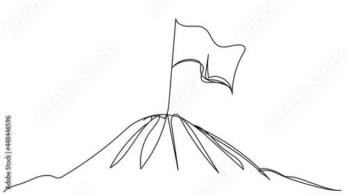 Mountain top flag drawn in one line on white isolate. Stock illustration of victory and dedication.