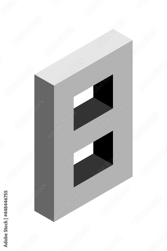 Gray number 8 in isometric style. Isolated on white background. Learning numbers, serial number, price, place. Gray number 8 in isometric style. Isolated on white background. Learning numbers, serial number, price, place.