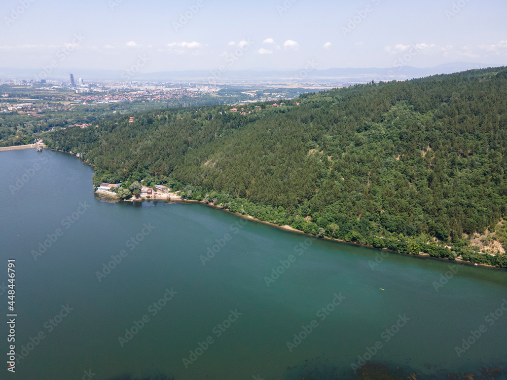 Fototapeta premium Aerial summer view of Pancharevo lake, Bulgaria