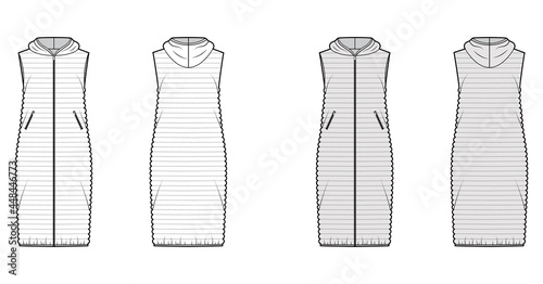 Down vest puffer waistcoat technical fashion illustration with hoody collar, pockets, loose body, narrow quilting. Flat template front, back, white, grey color style. Women, men, unisex top CAD mockup