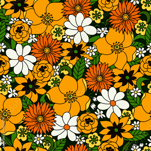 Fotografie, Obraz Seamless pattern with simple flowers. Floral print hippie 60s.