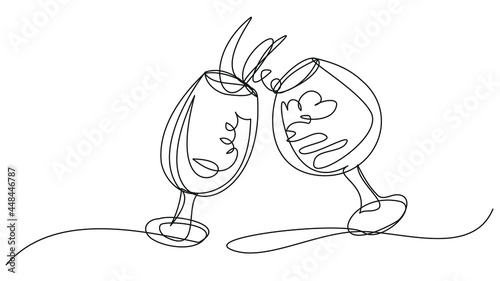 Two glasses with wine one line on a white background. Vector illustration of a good toast. Drinking alcohol for a holiday or date.