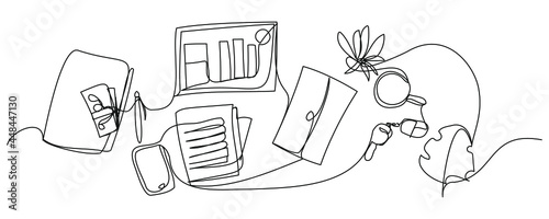 Business space one line on a white background. A set of: folders, money, pens, tablet, smartphone, documents, cups, plants, sheet, keys.