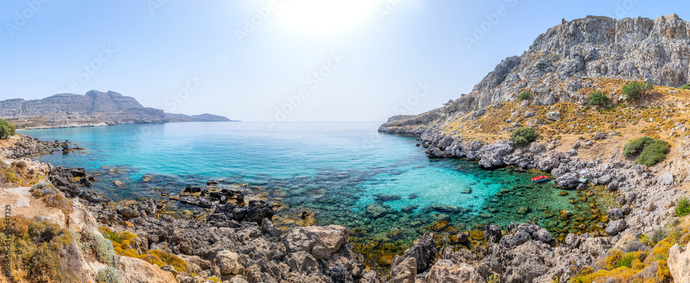 Agia Agathi closed bay near Golden Sand Beach. Good place for snorkeling and diving. Vacation on Greece islands in Aegean and Mediterranean sea. Charaki. East Rhodes. Greece
