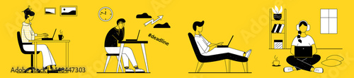 Men and women work, study on a laptop at home remotely online. They sit in a chair, legs stretched out, on the floor, at a table. Deadline. Linear style