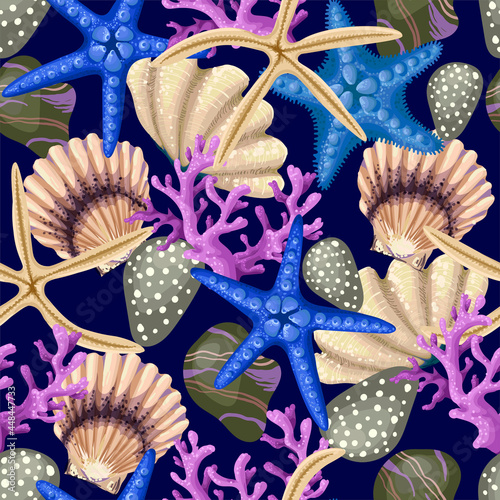 Seamless pattern with starfishes, shells and coral. Vector trendy print.