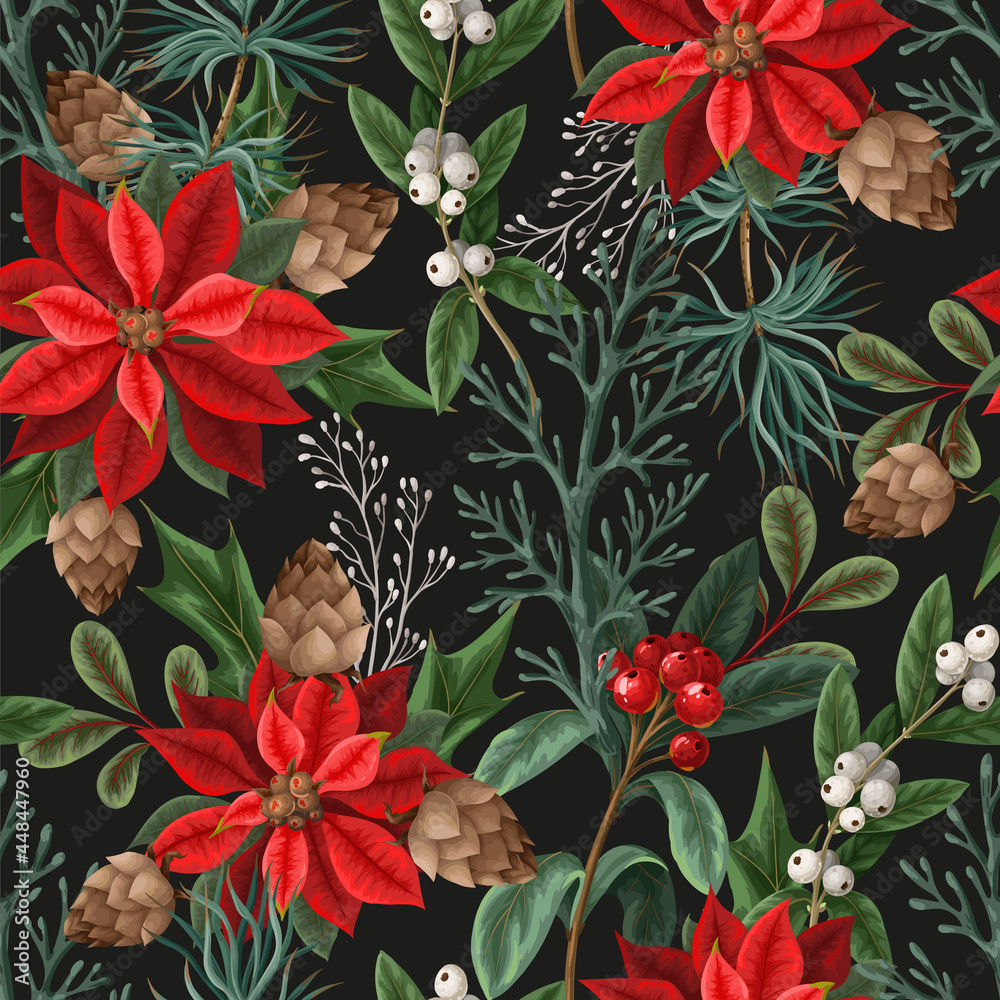 Seamless pattern with poinsettia, pines and hollyberries. Christmas background Seamless pattern with poinsettia, pines and hollyberries. Christmas background