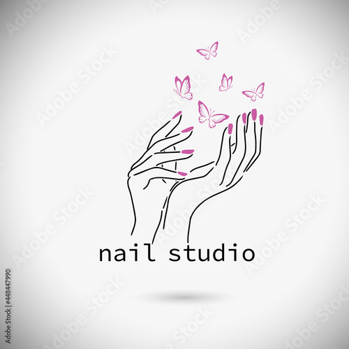 Beautiful female hands. Nail studio. Nail polish logo. pink butterflies. vector illustration