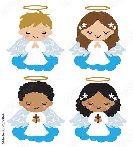 Praying little boy and girl angels on cloud vector. Baptism and christening angels holding cross vector illustration.