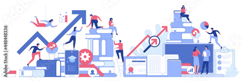 Business process concept. Teamwork on work tasks, growth of company profit, professional development of employees, successful career and partnership. Vector character illustration for banner design